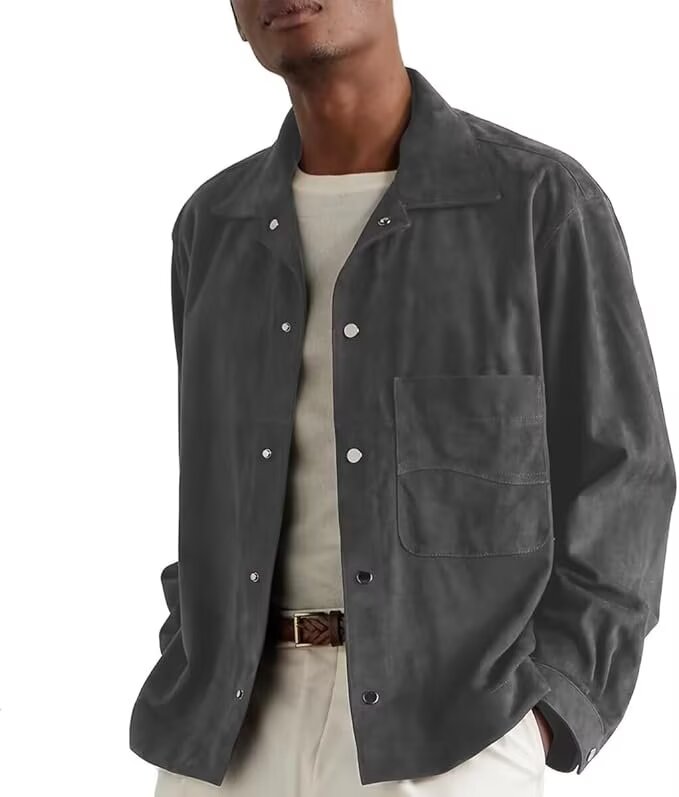Front view of men's suede blazer in dark grey