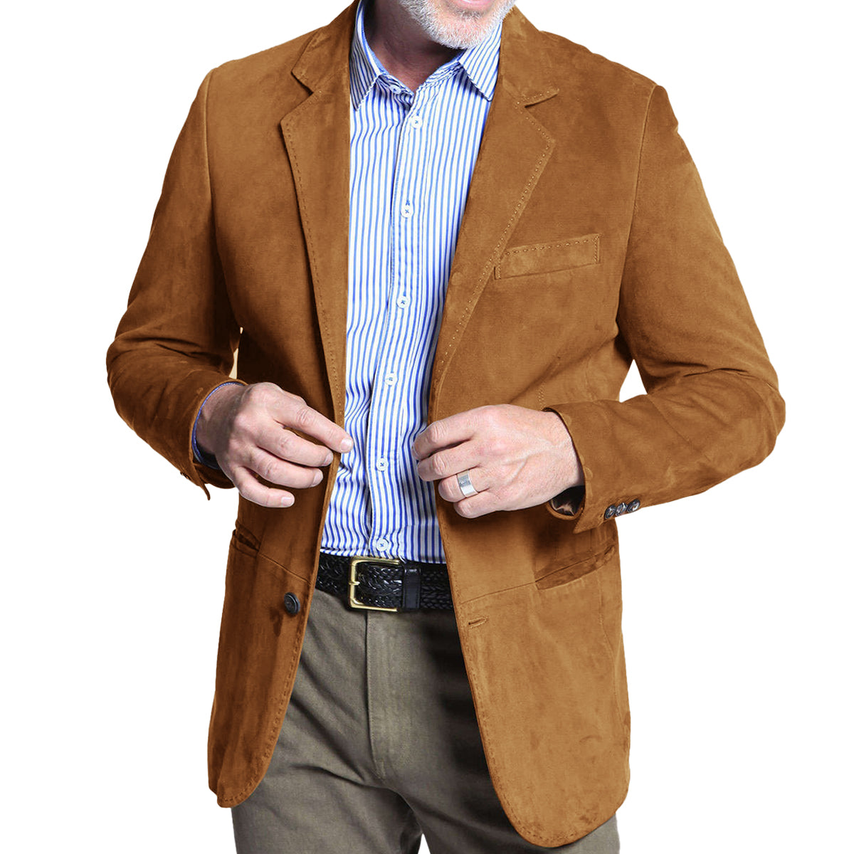 Front view of men's suede blazer in khaki