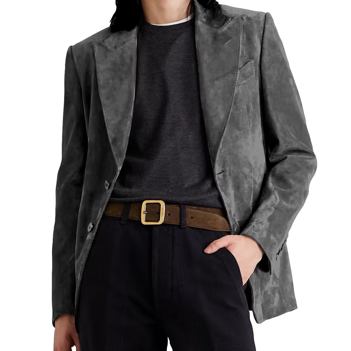 Front view of men's suede blazer in dark grey