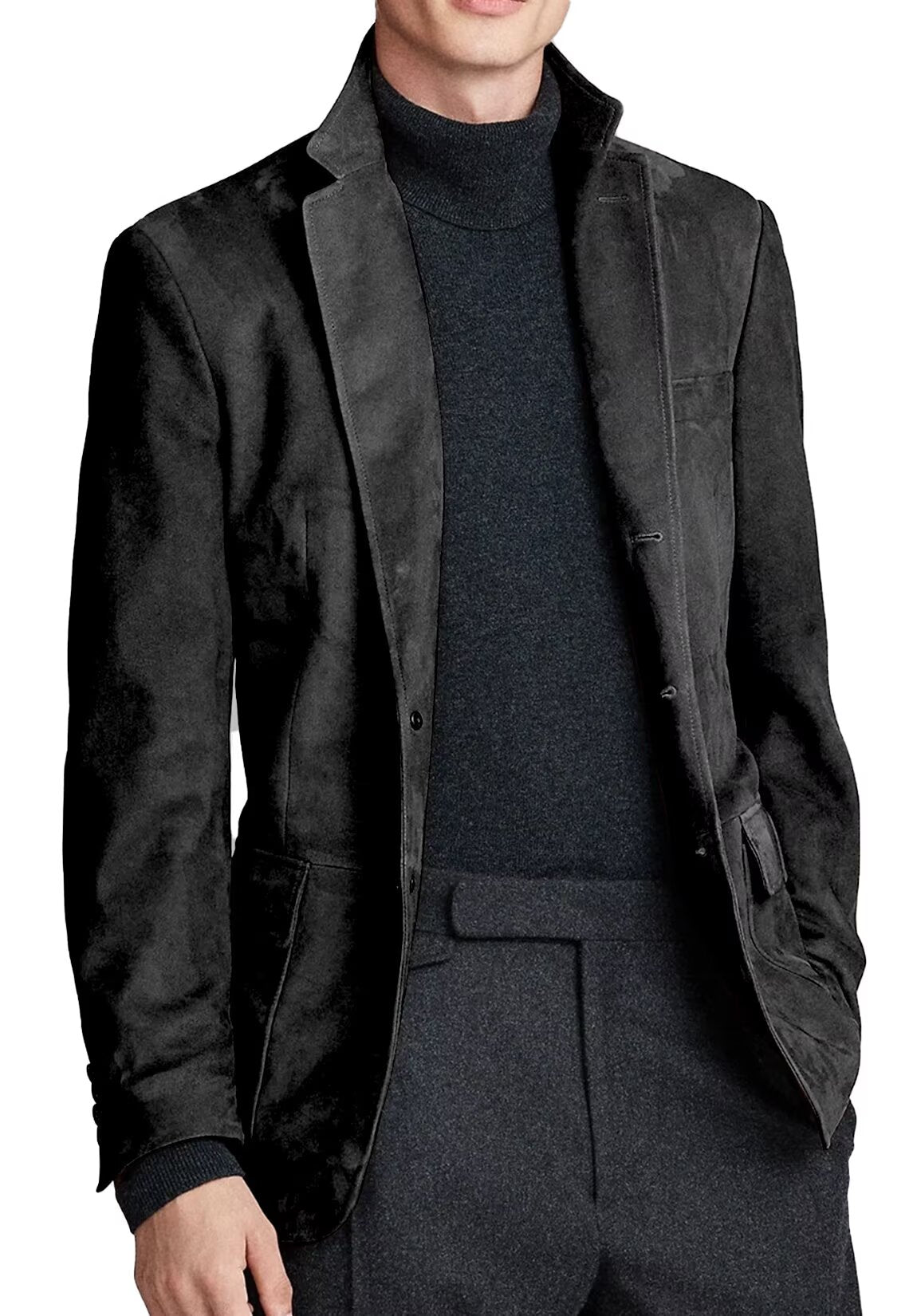 Front view of men's suede blazer in black