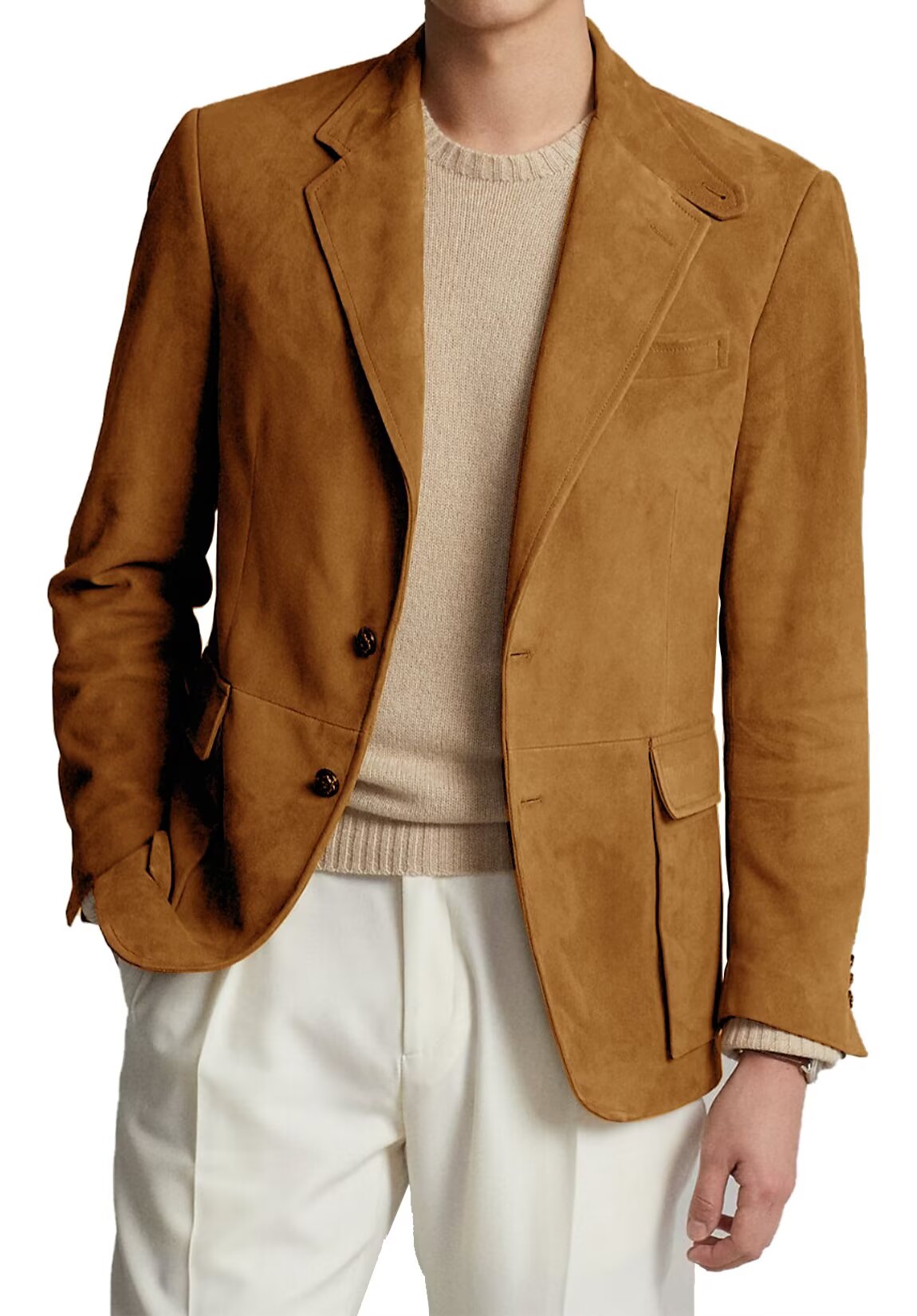Front view of men's suede blazer in khaki