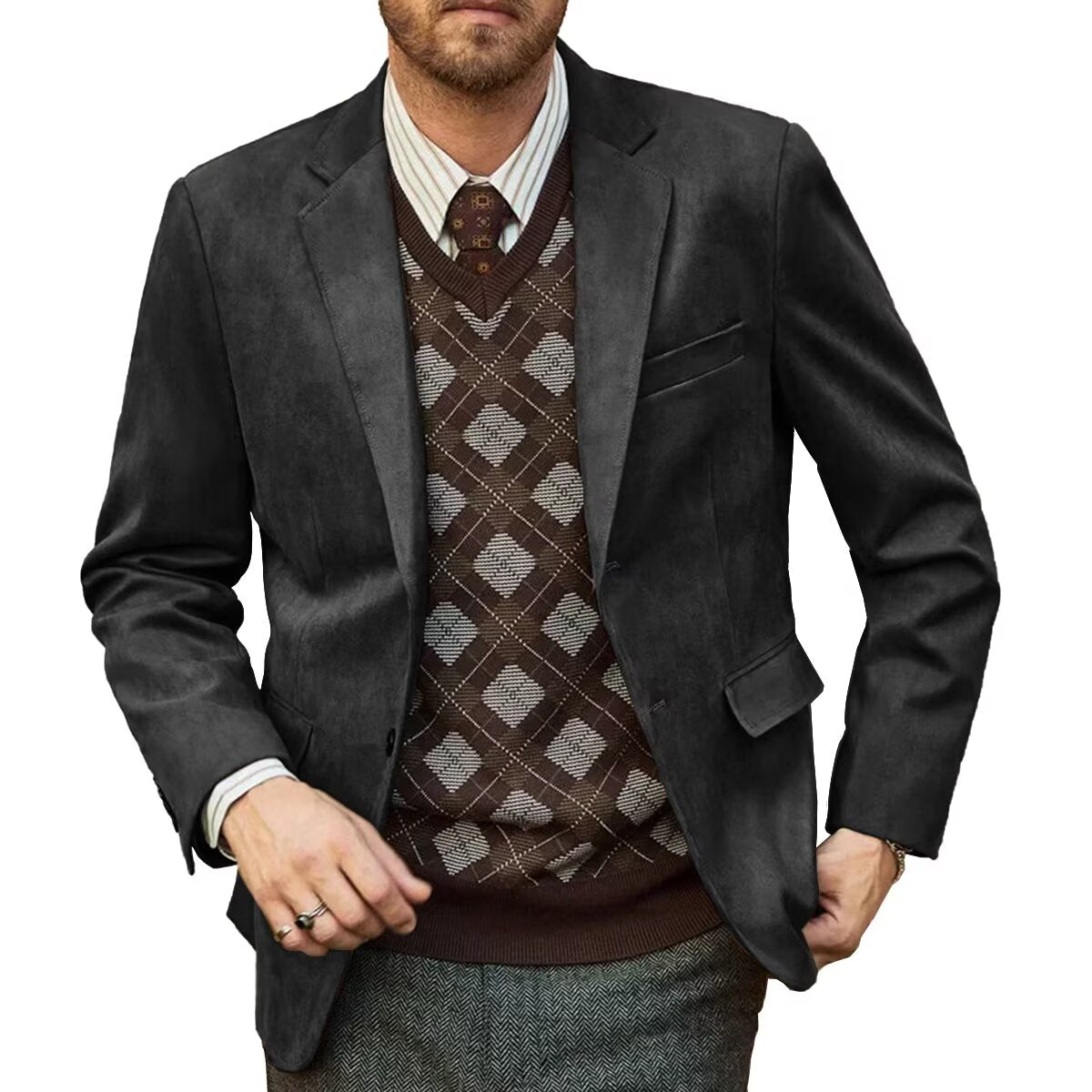 Front view of men's suede blazer in black