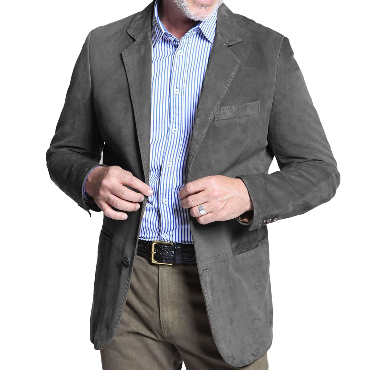 Front view of men's suede blazer in dark grey