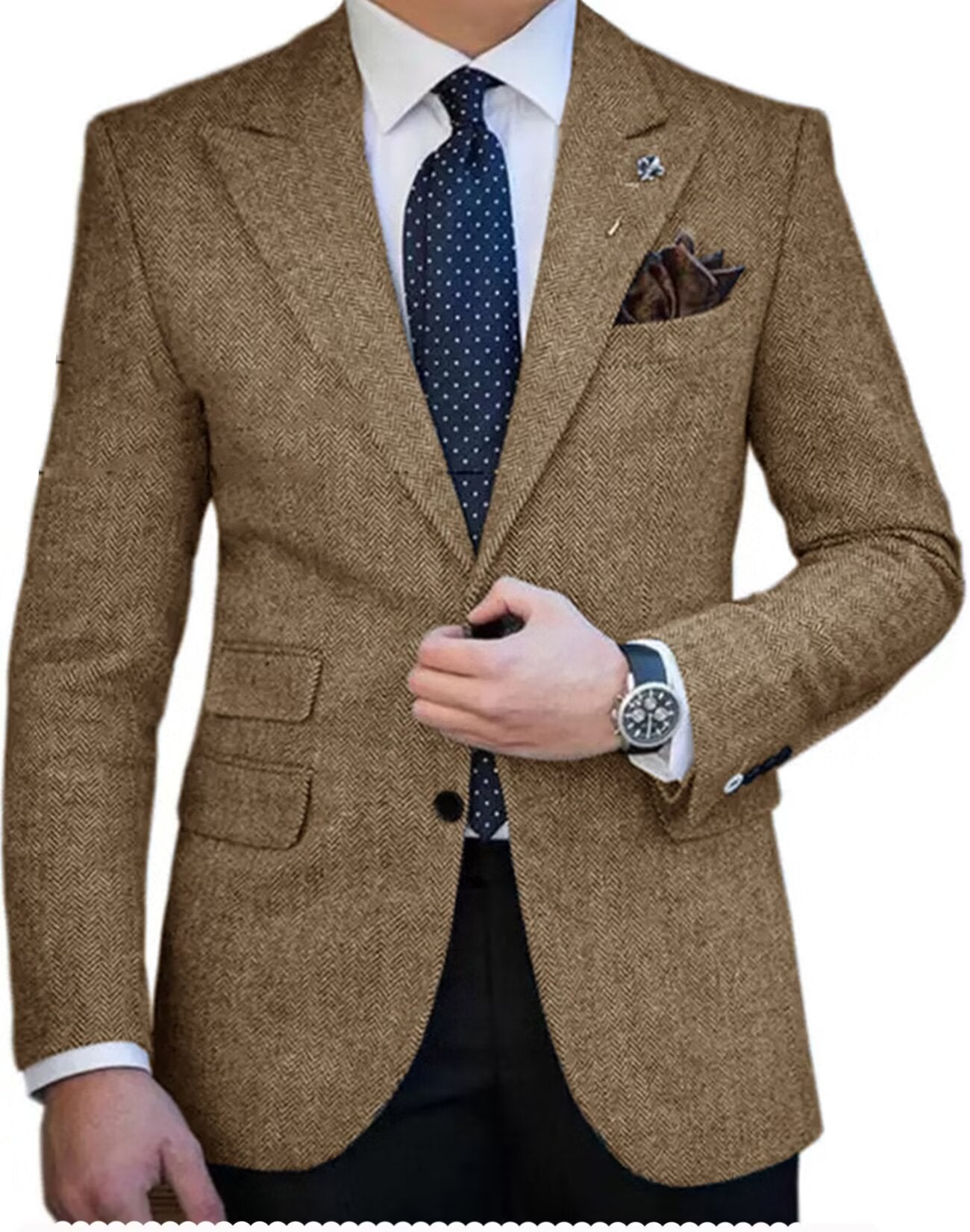 Front view of men's tweed blazer in khaki color