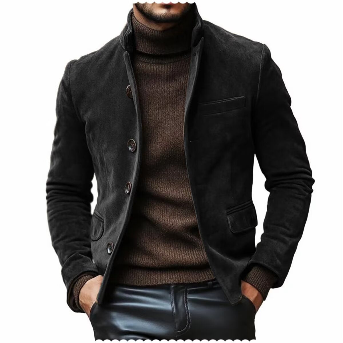 Front view of men's suede blazer in black with notch lapel  