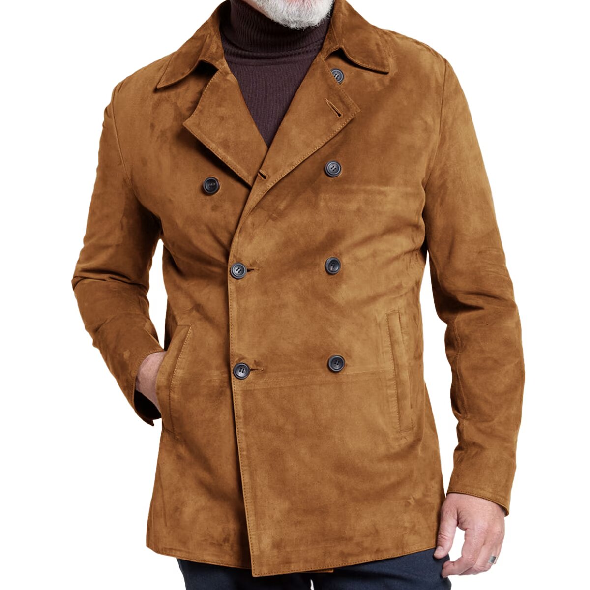 Front view of men's suede blazer in khaki