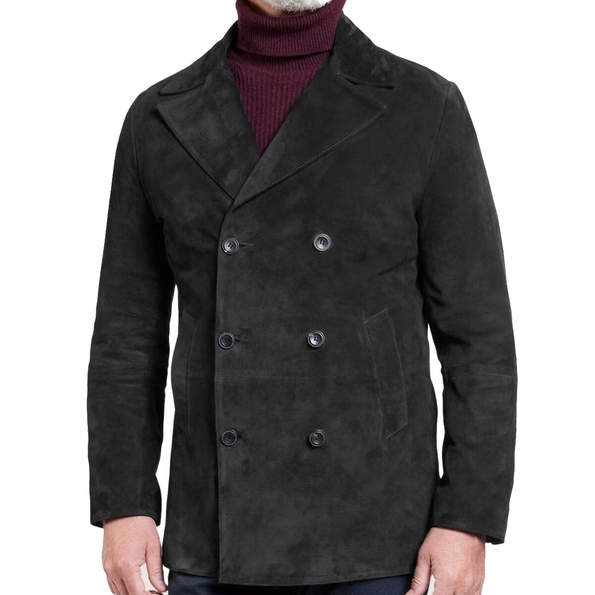 Front view of men's suede blazer in black  