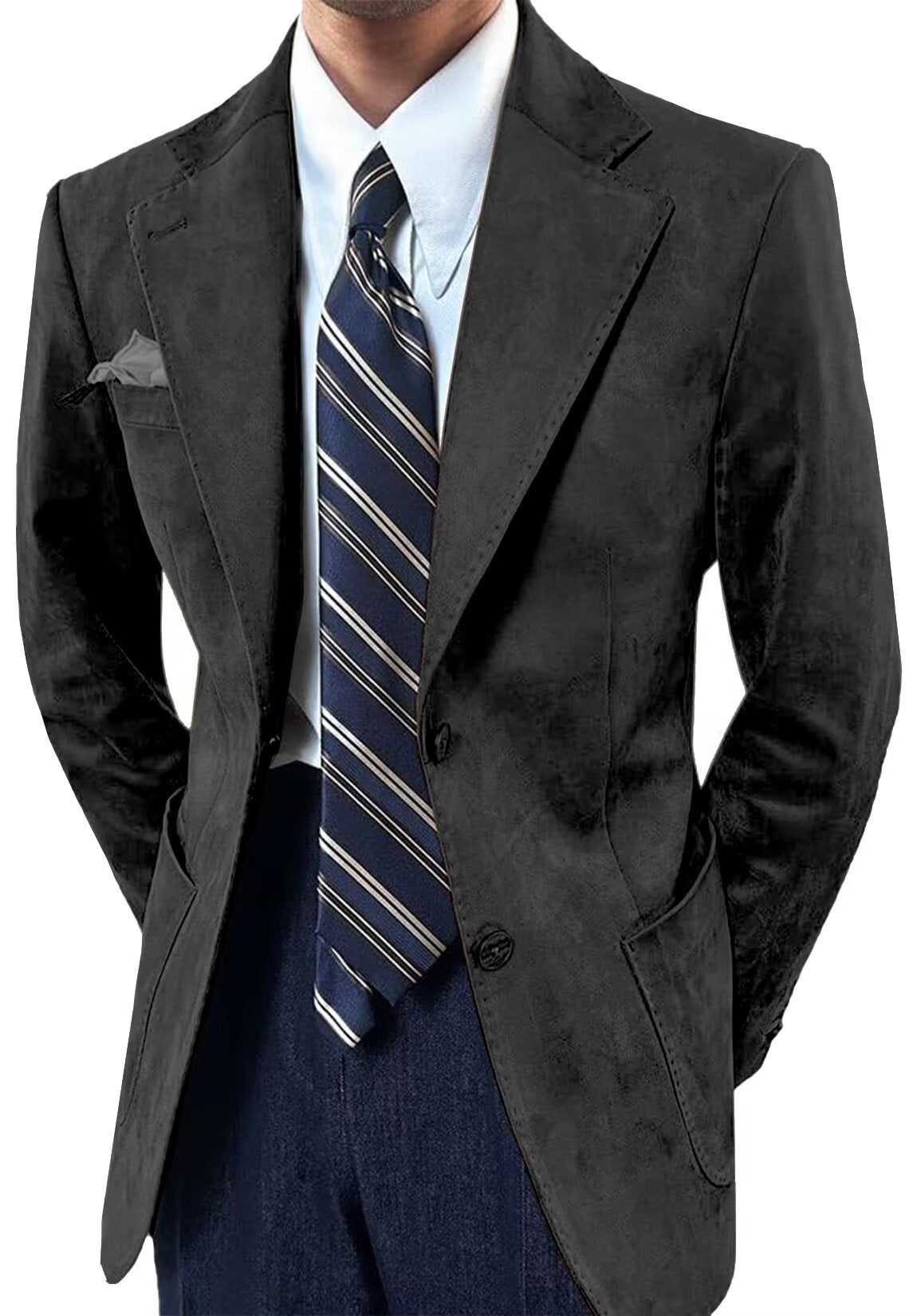 Front view of men's suede blazer in black  