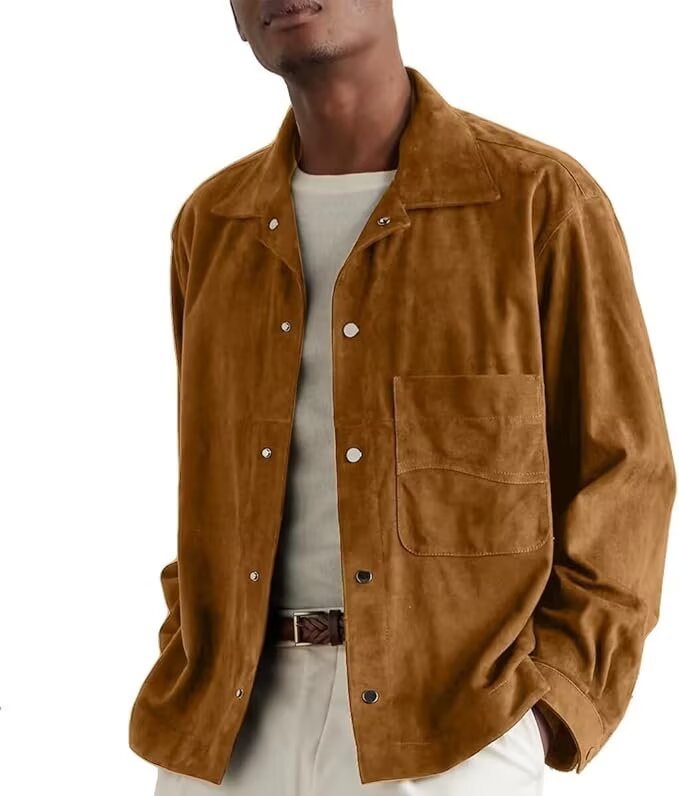 Front view of men's suede blazer in khaki