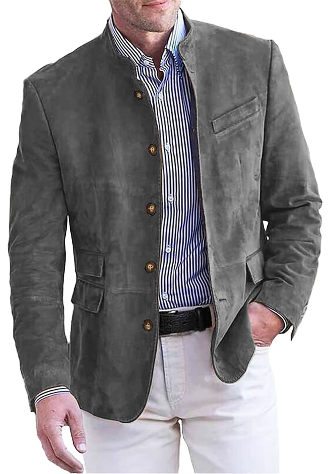Front view of men's suede blazer in dark grey