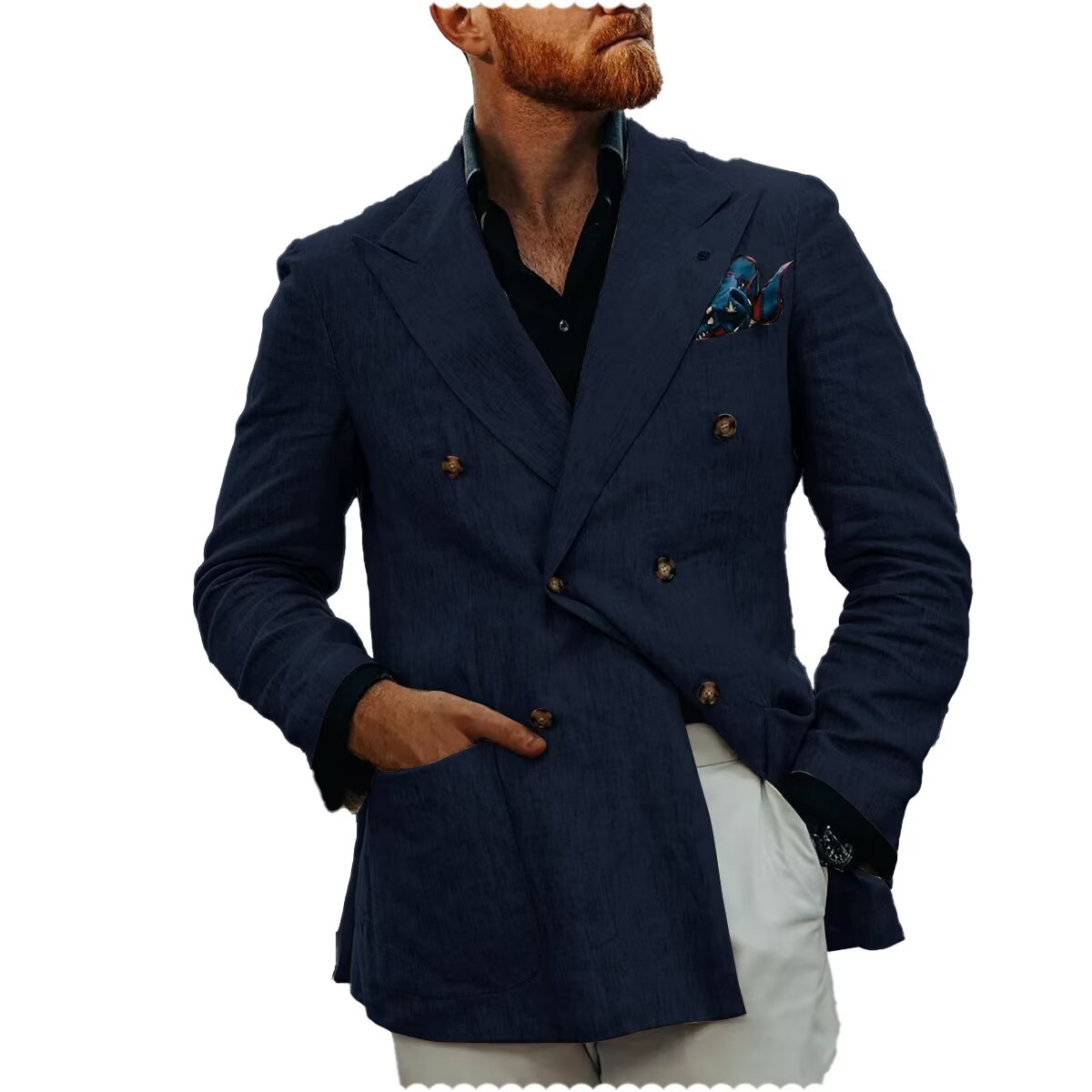 Front view of men's linen blazer in navy