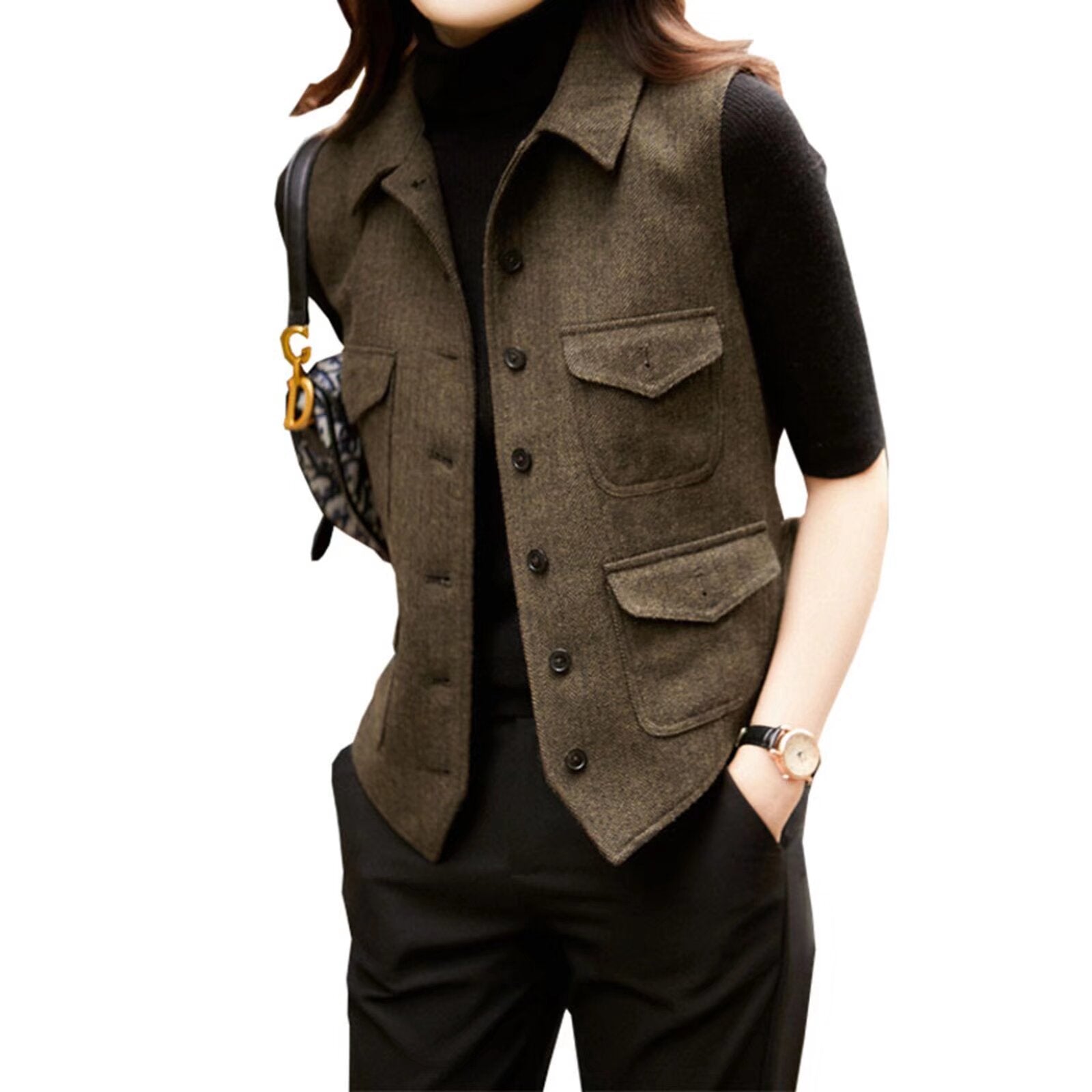 Women's khaki tweed vest 