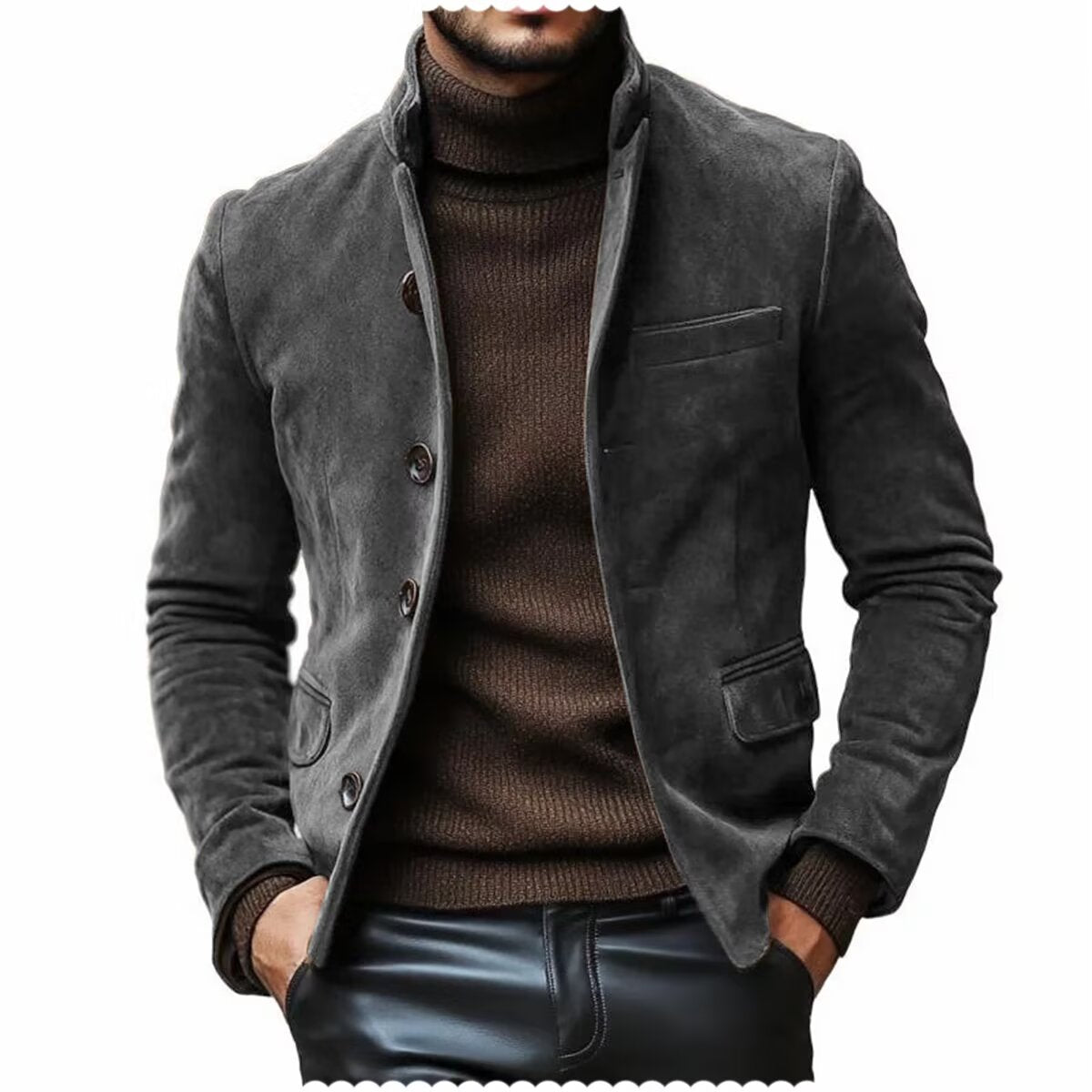 Front view of men's suede blazer in grey with notch lapel  