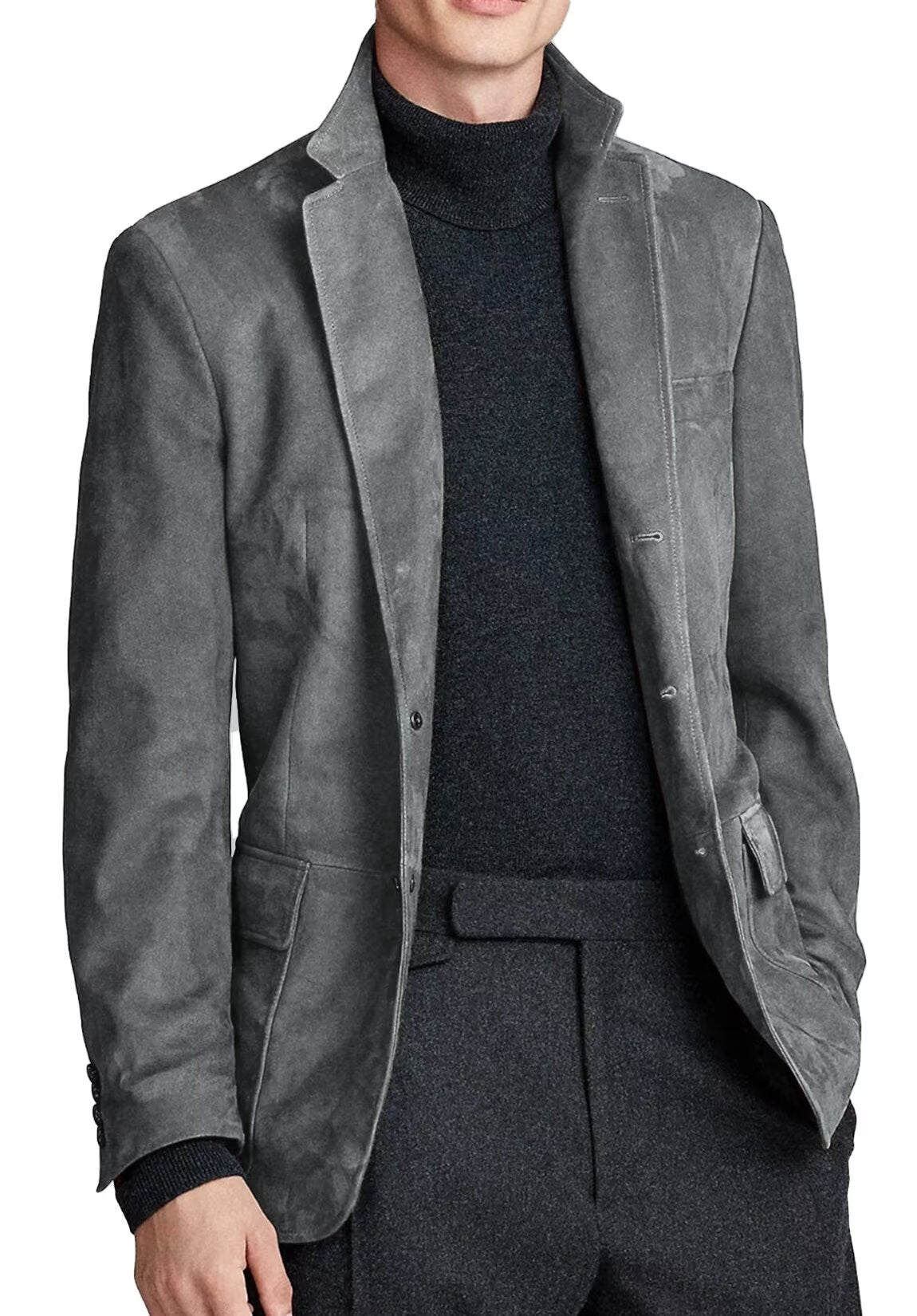 Front view of men's suede blazer in dark grey