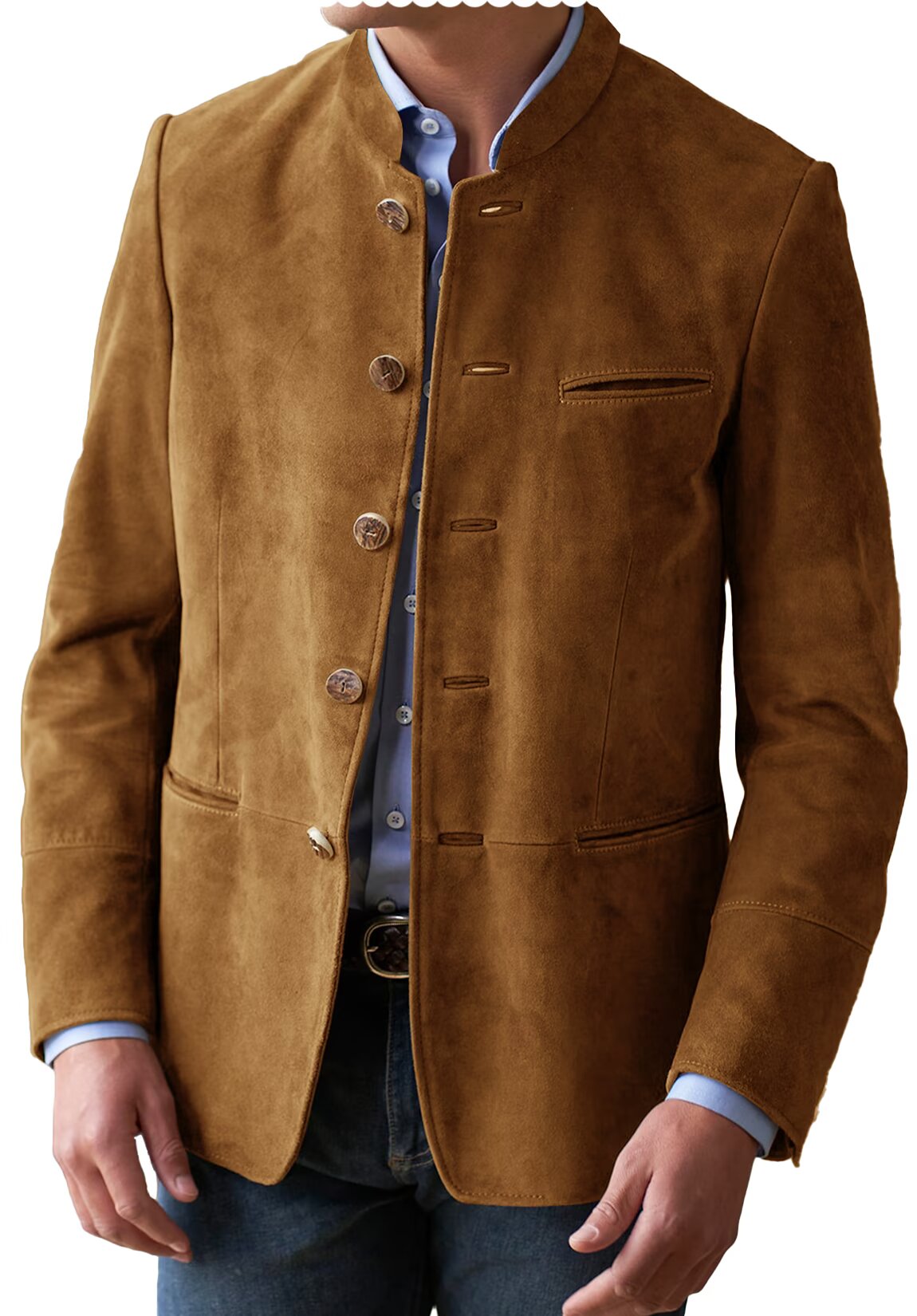 Front view of men's suede blazer in khaki