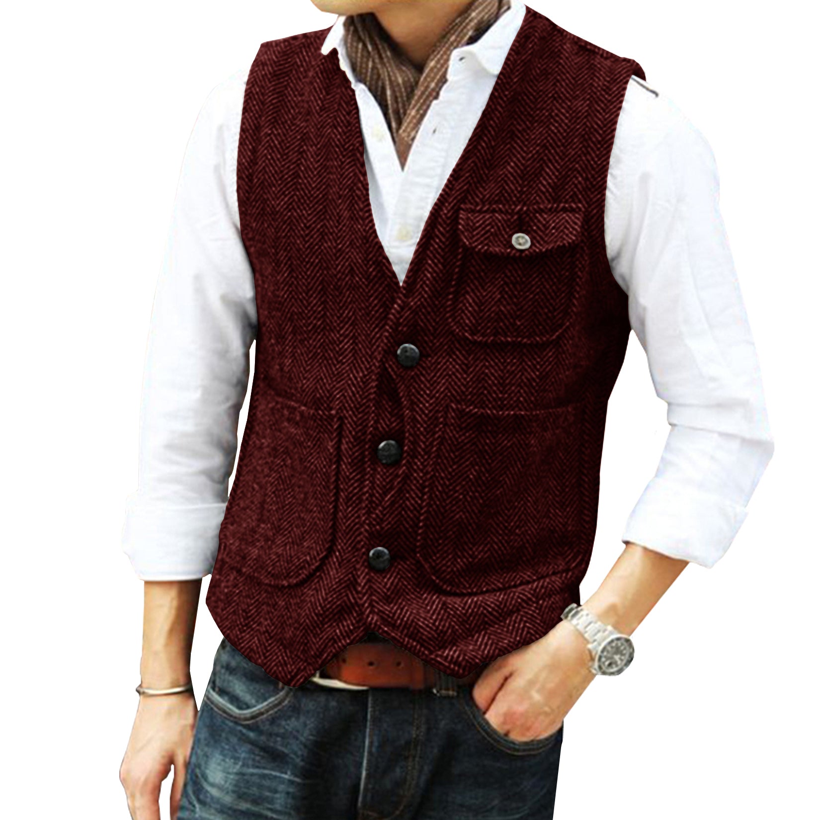 Men's burgundy tweed vest