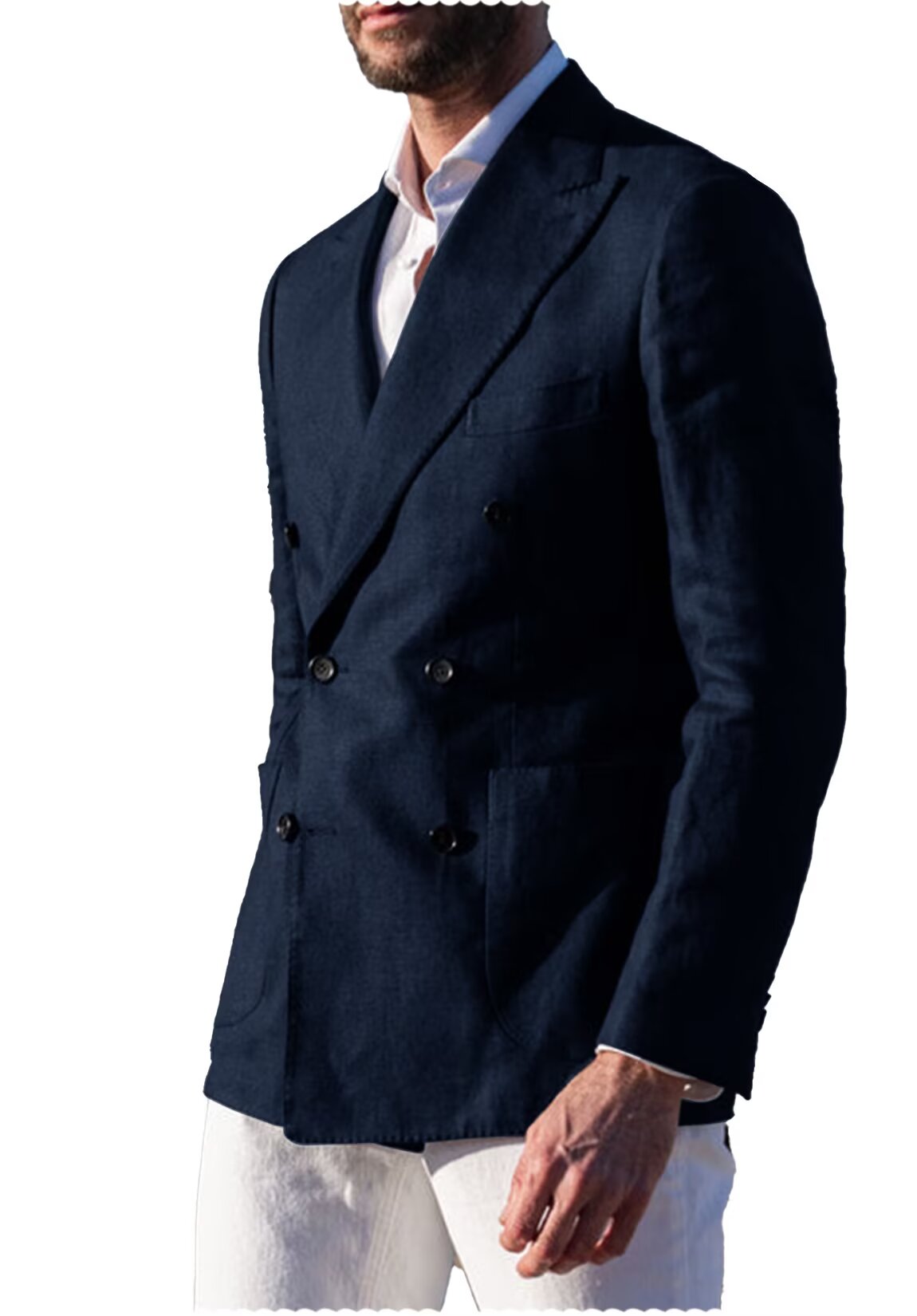 Front view of men's linen blazer in navy