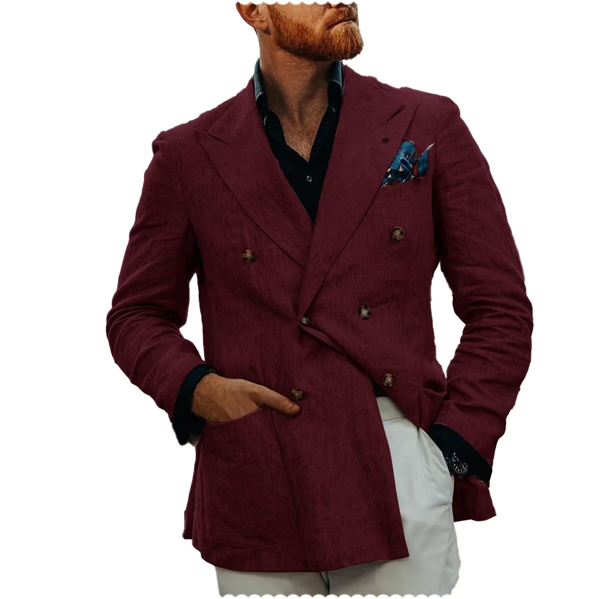 Front view of men's linen blazer in navy