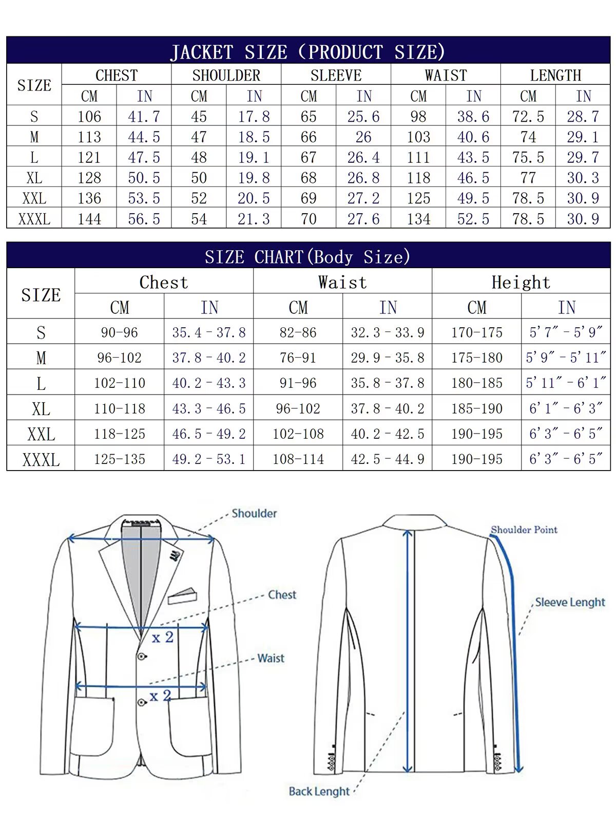 Size chart for men's suede blazer with measurements in inches and centimeters