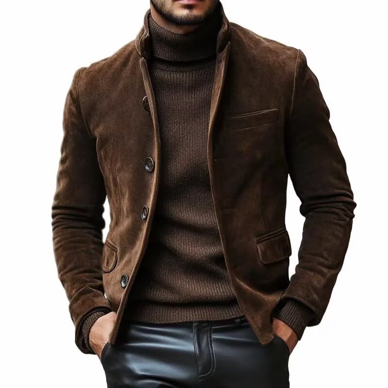 Front view of men's suede blazer in brown with notch lapel  