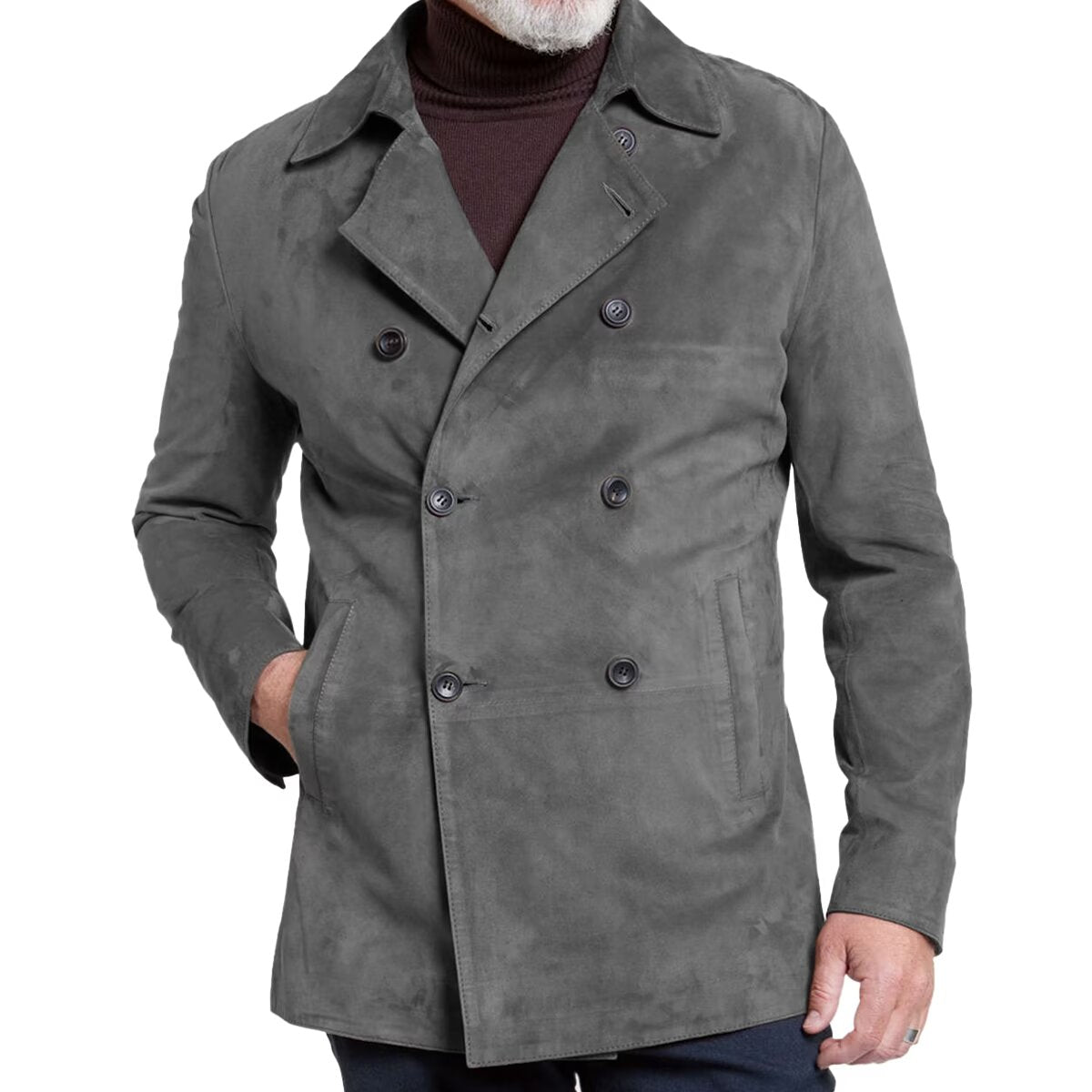 Front view of men's suede blazer in dark grey