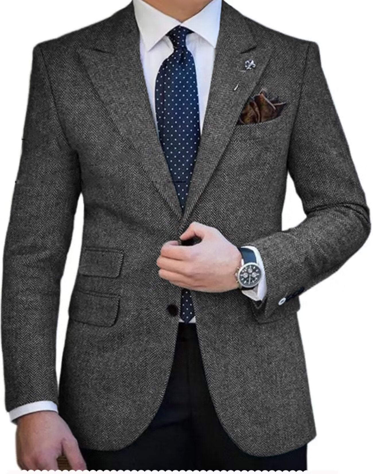 Front view of men's tweed blazer in grey color