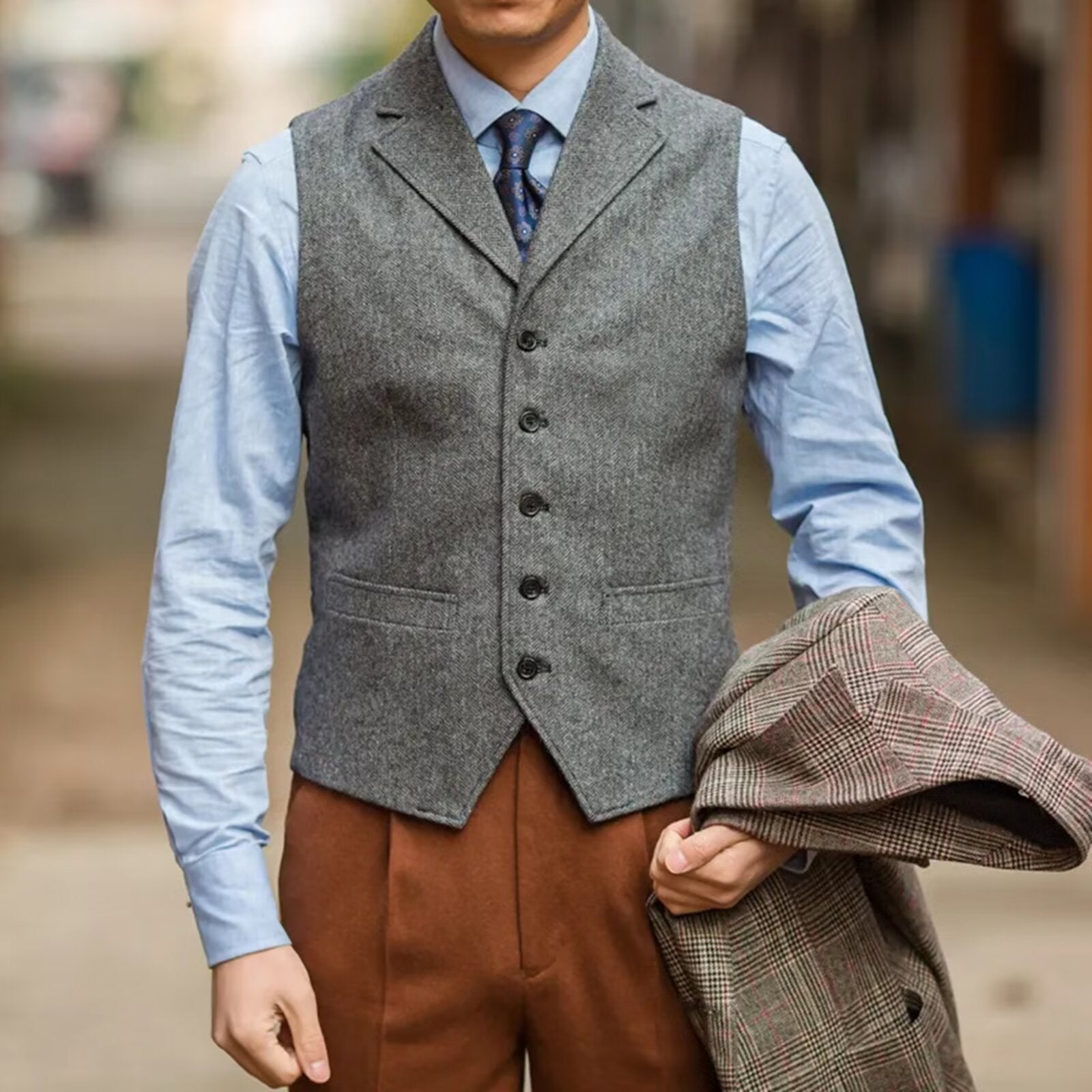 Men's khaki tweed vest 