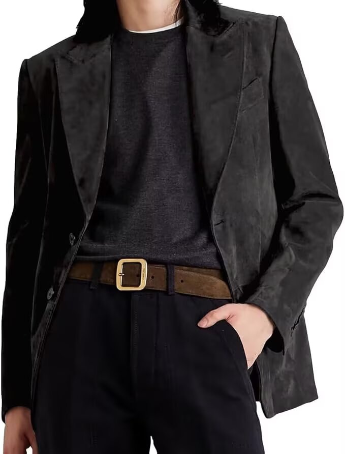 Front view of men's suede blazer in black  