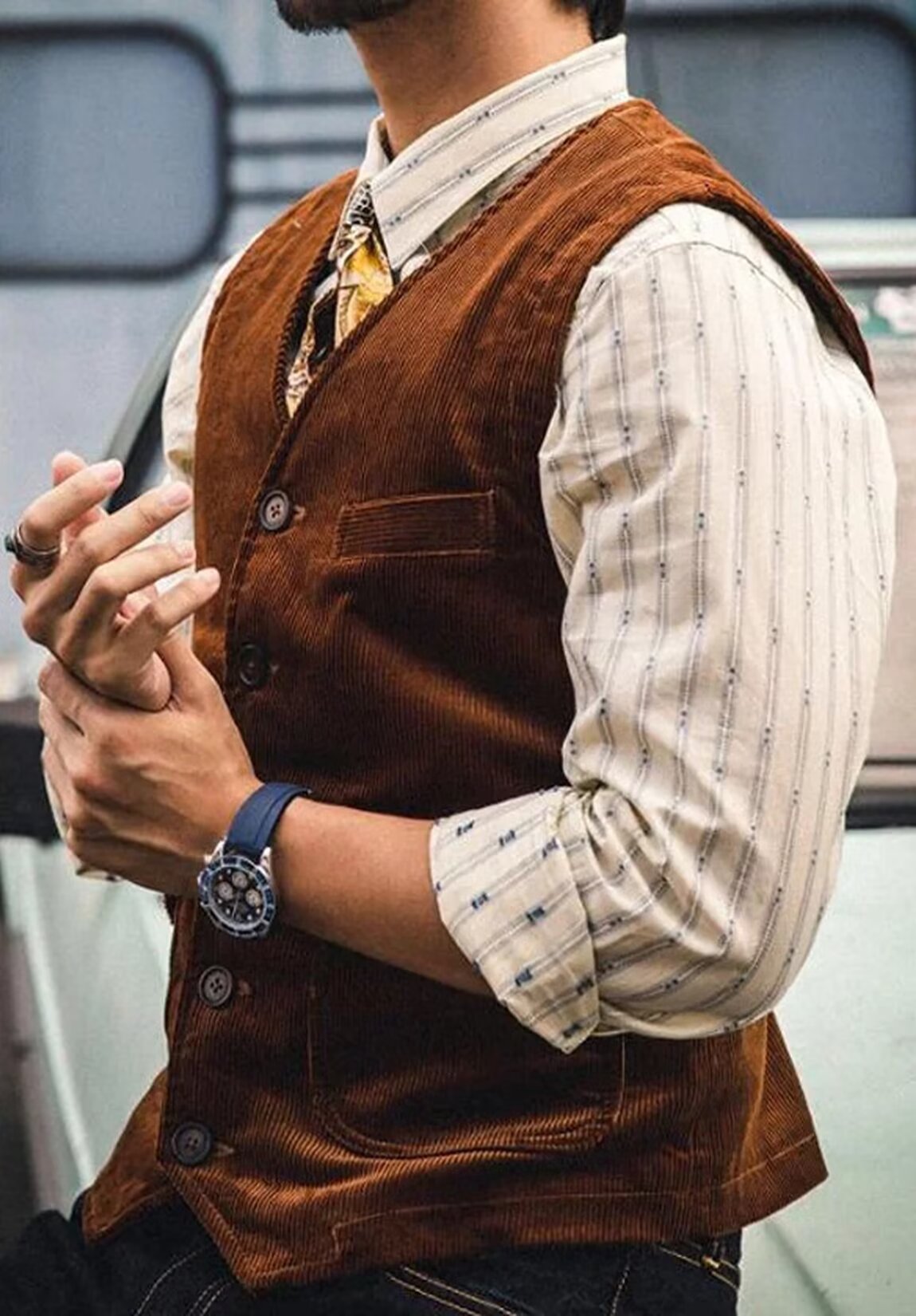 Men's navy blue corduroy vest 
