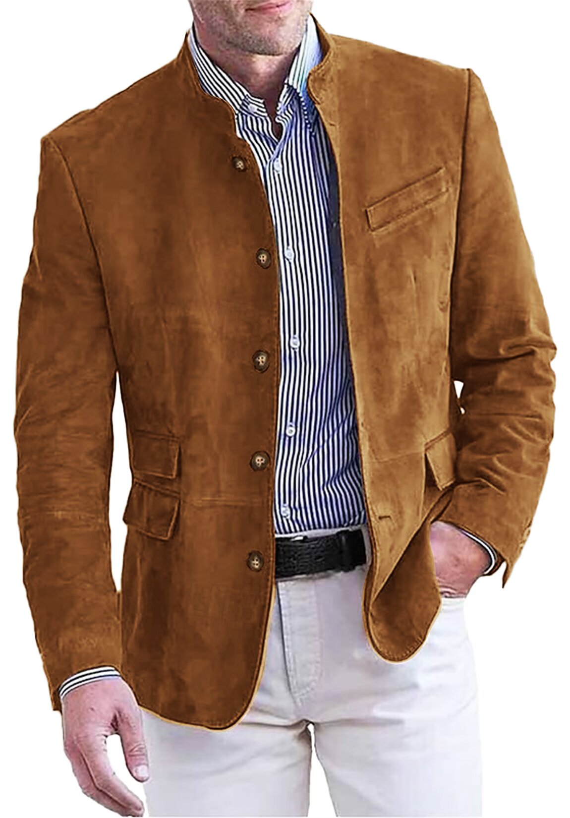 Front view of men's suede blazer in khaki