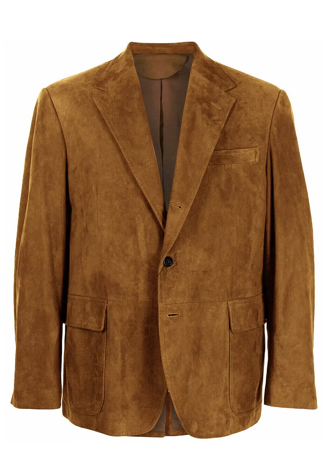 Front view of men's suede blazer in black with notch lapel and two-button closure
