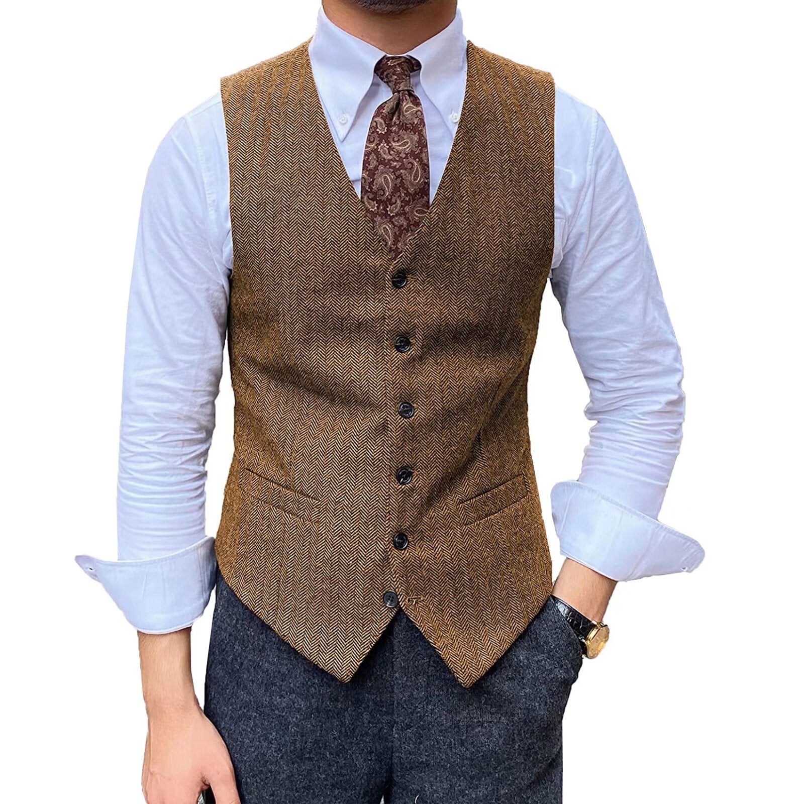Men's khaki tweed vest 