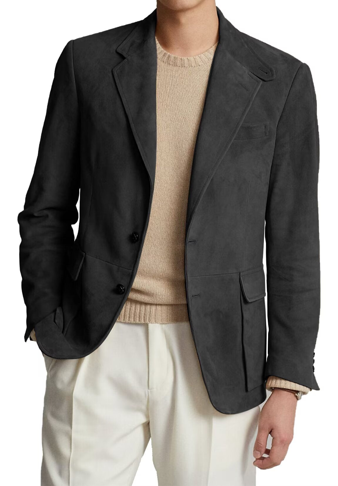 Front view of men's suede blazer in black  