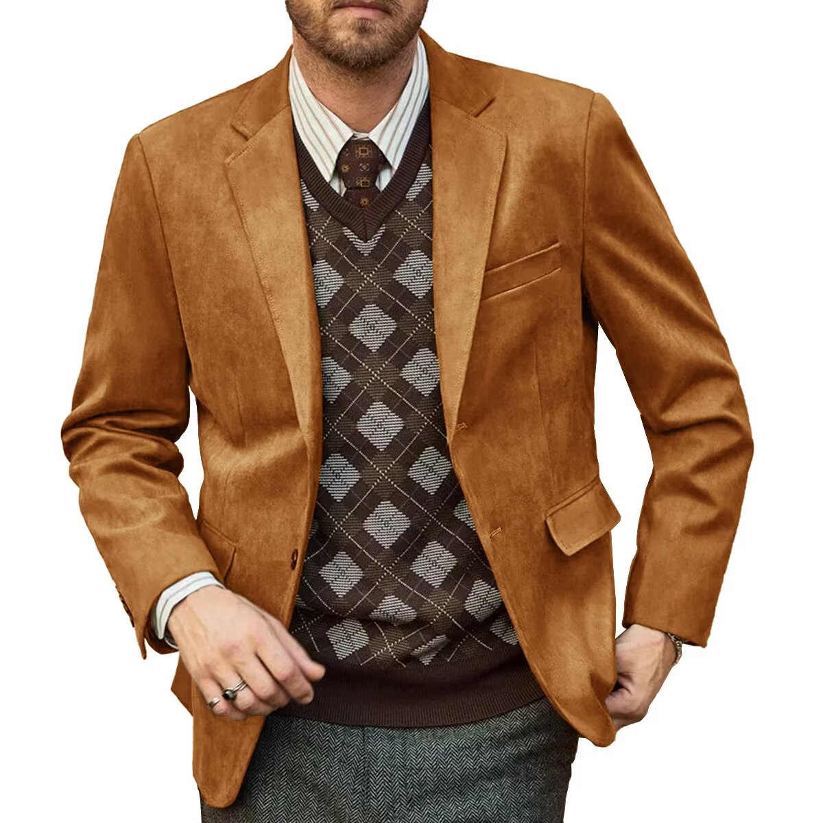 Front view of men's suede blazer in khaki