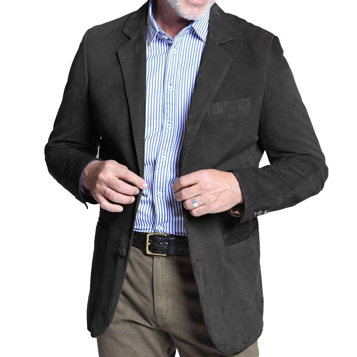 Front view of men's suede blazer in black  