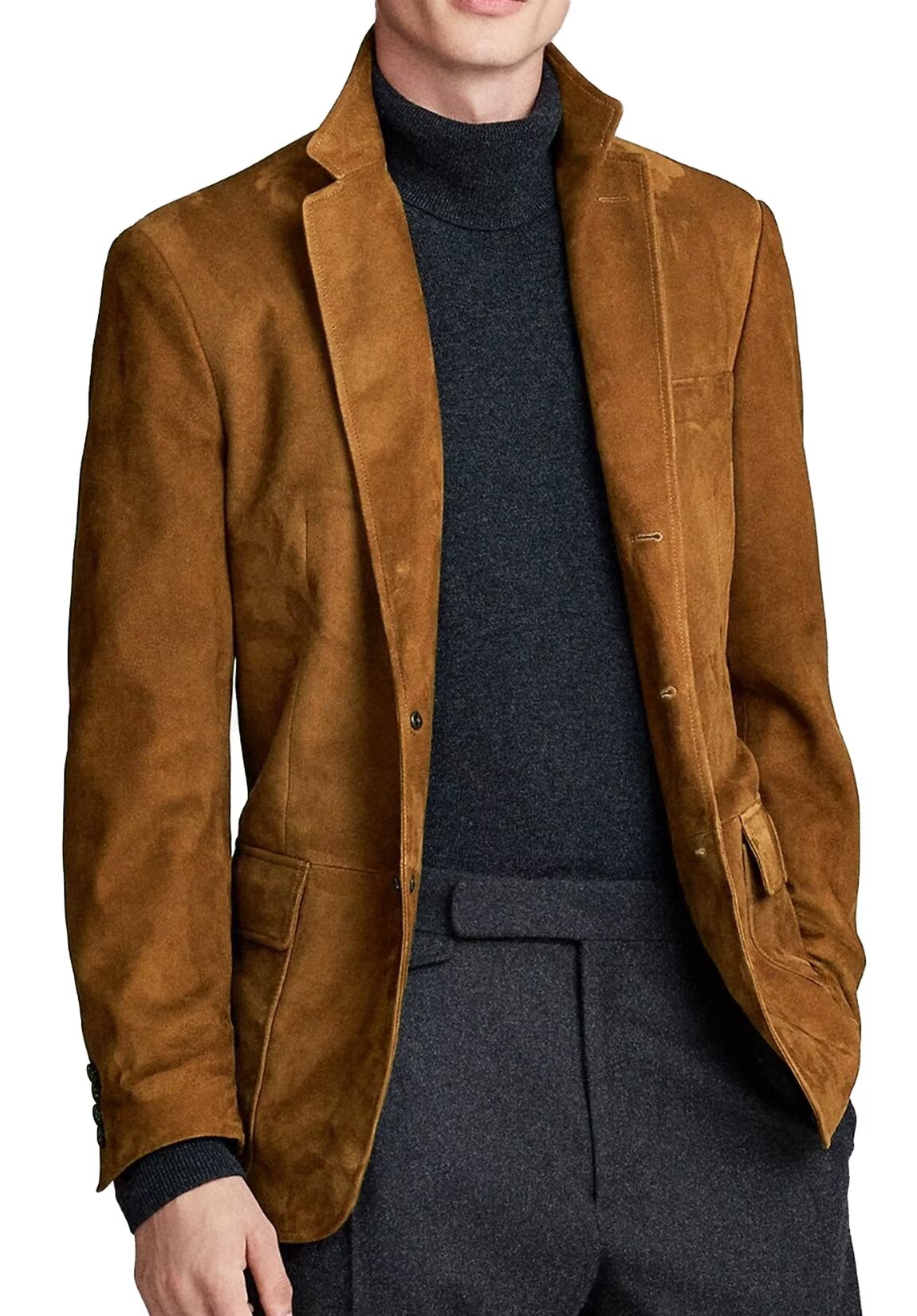 Front view of men's suede blazer in khaki