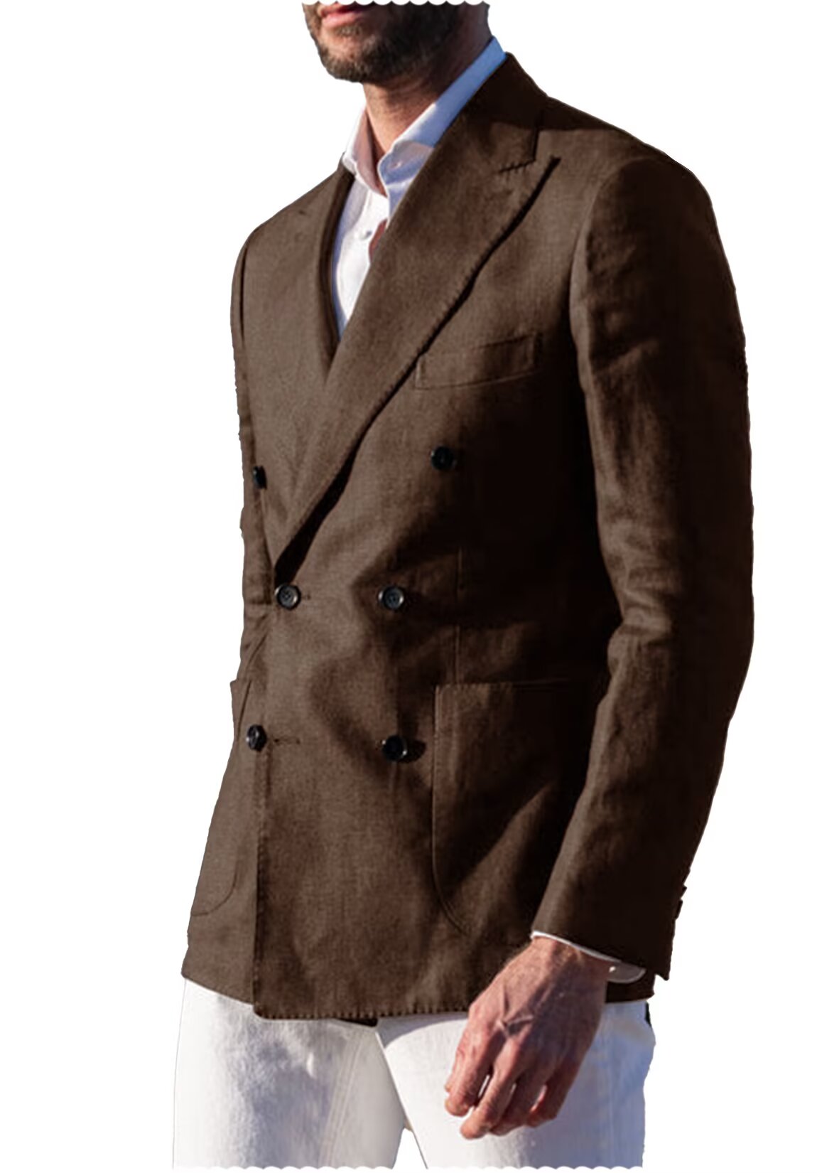 Front view of men's linen blazer in brown 
