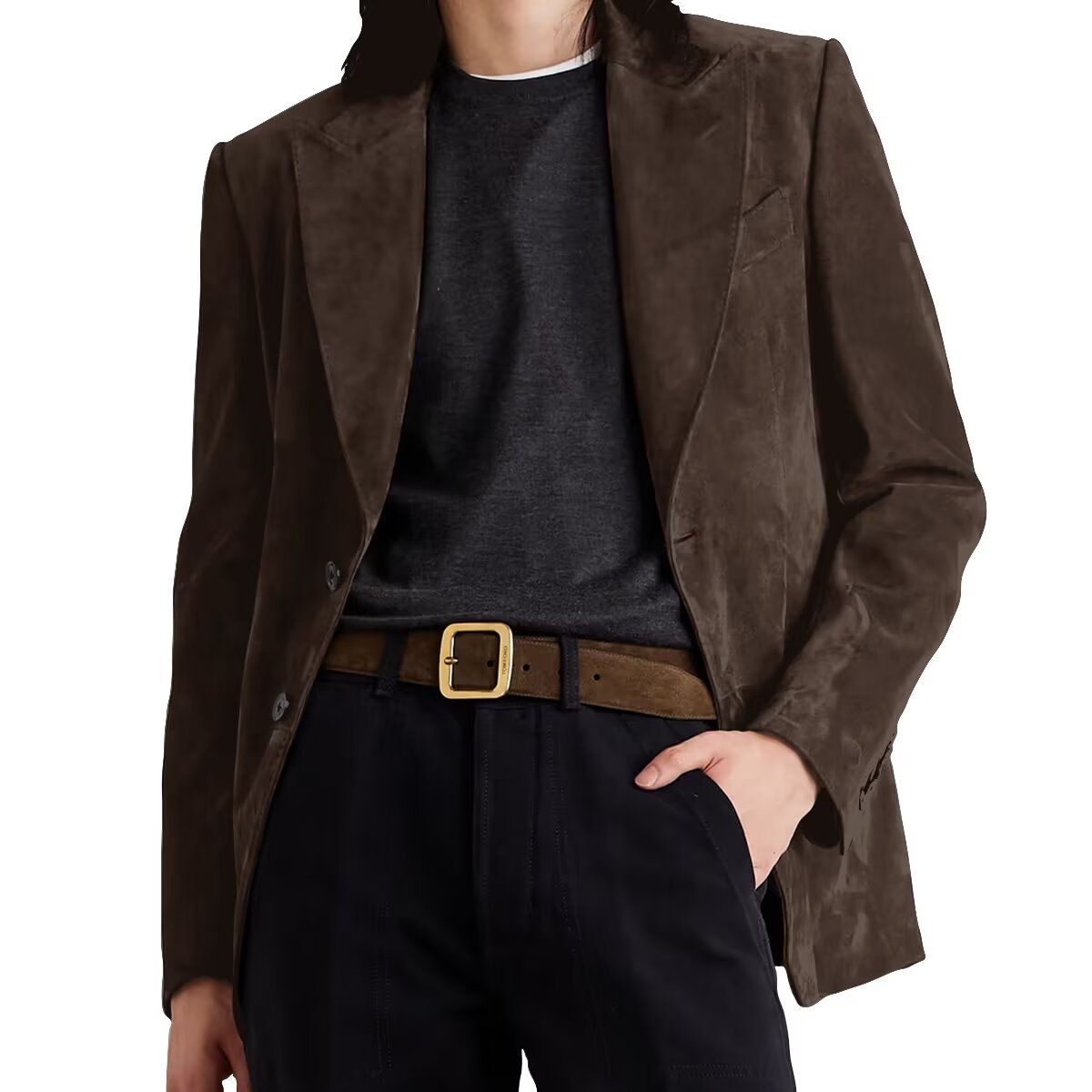 Front view of men's suede blazer in brown