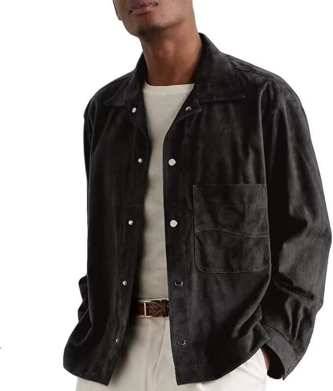 Front view of men's suede blazer in black  