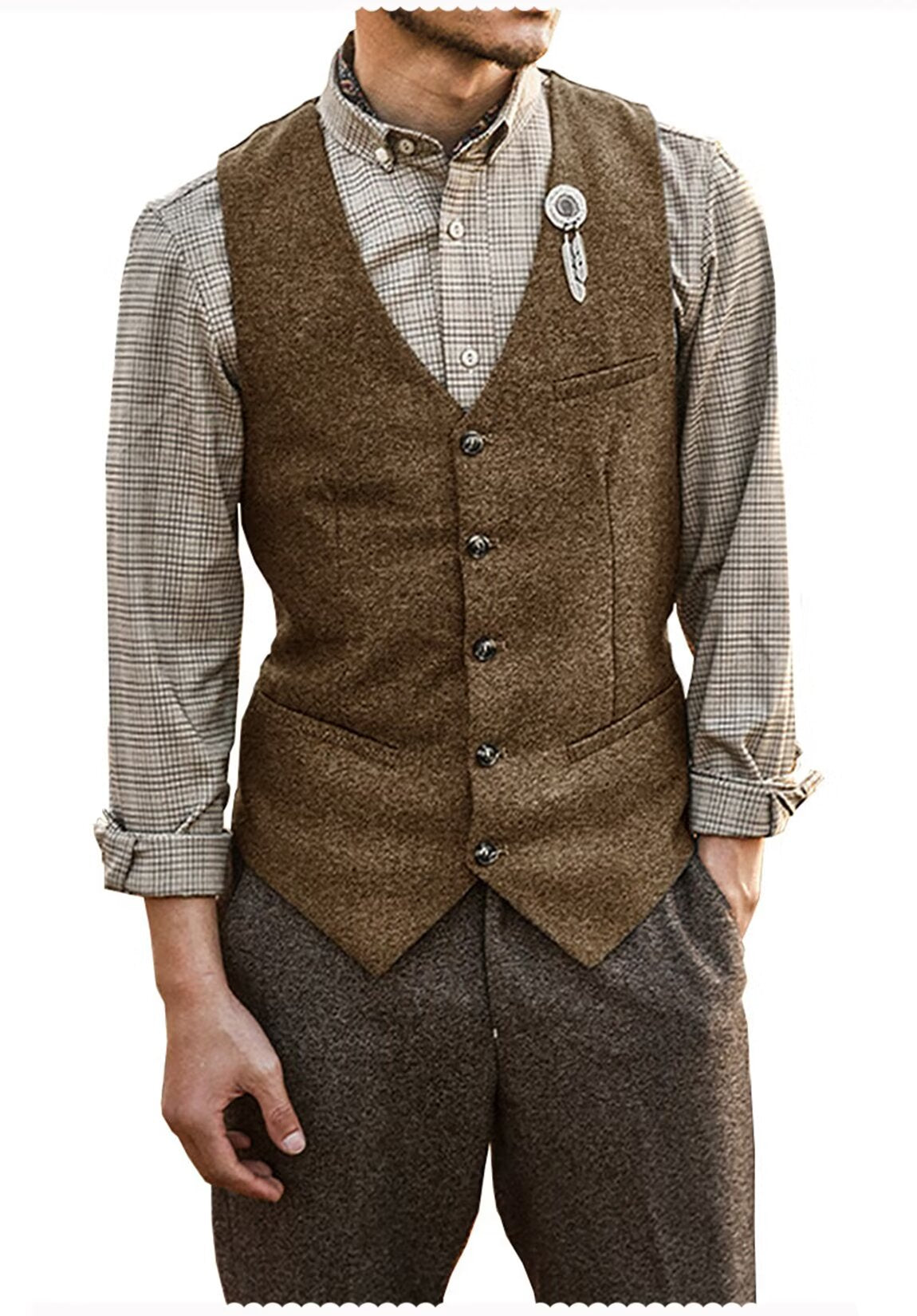Men's khaki tweed vest 