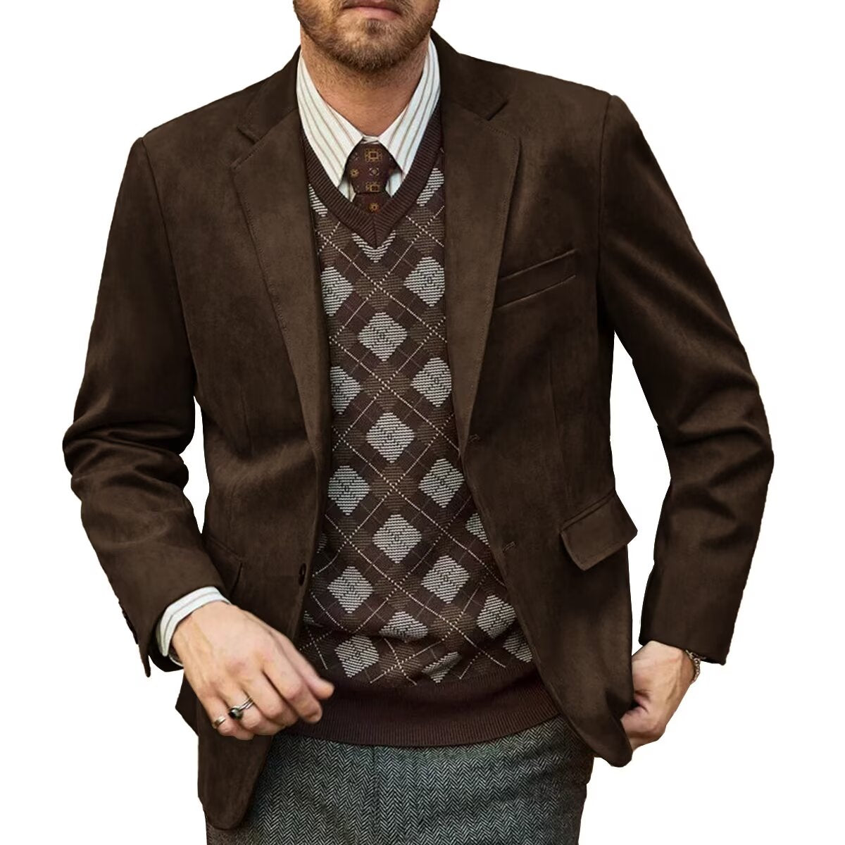 Front view of men's suede blazer in brown