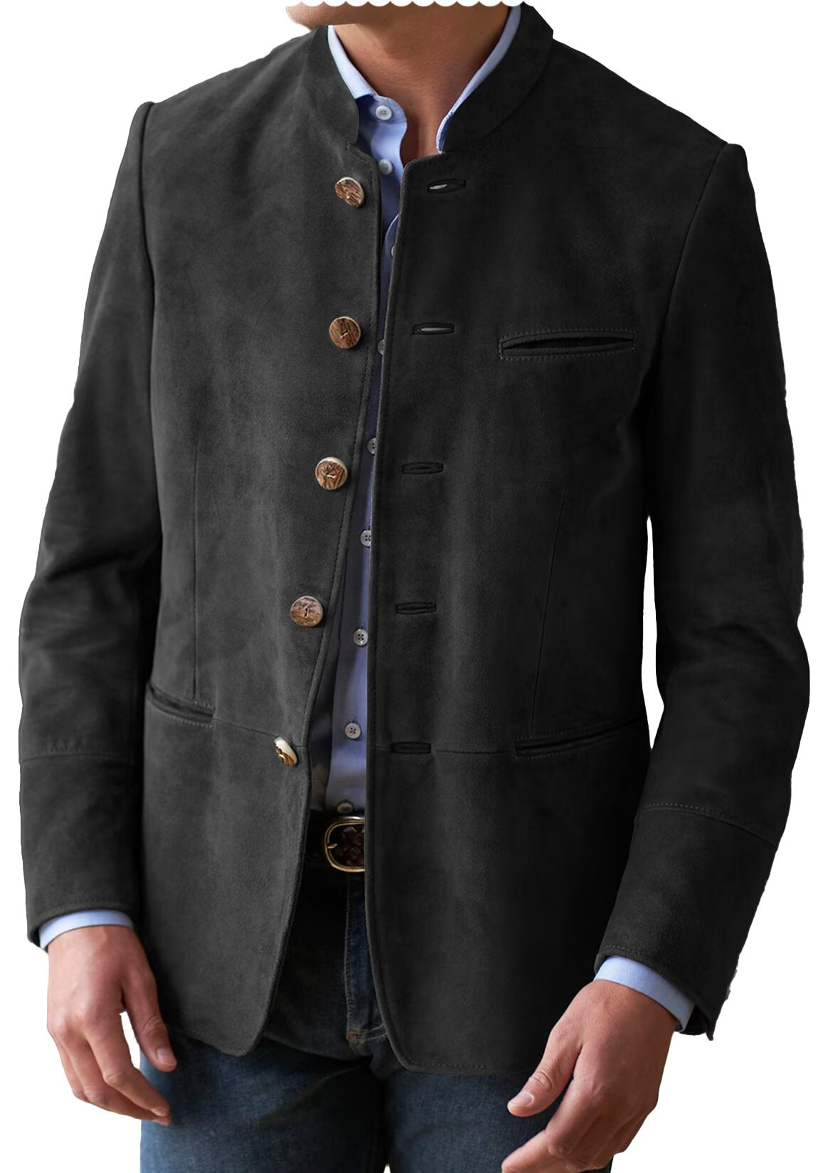 Front view of men's suede blazer in black  