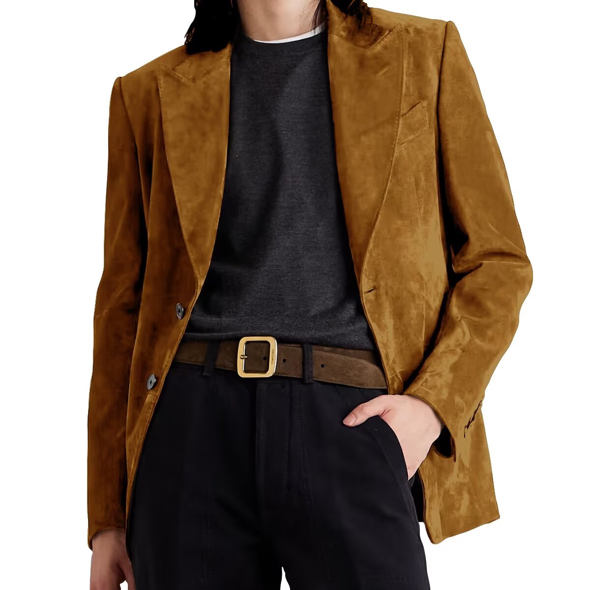 Front view of men's suede blazer in khaki