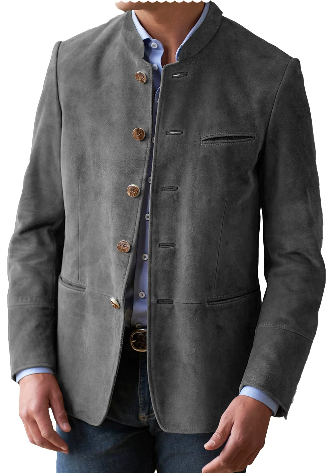 Front view of men's suede blazer in dark grey