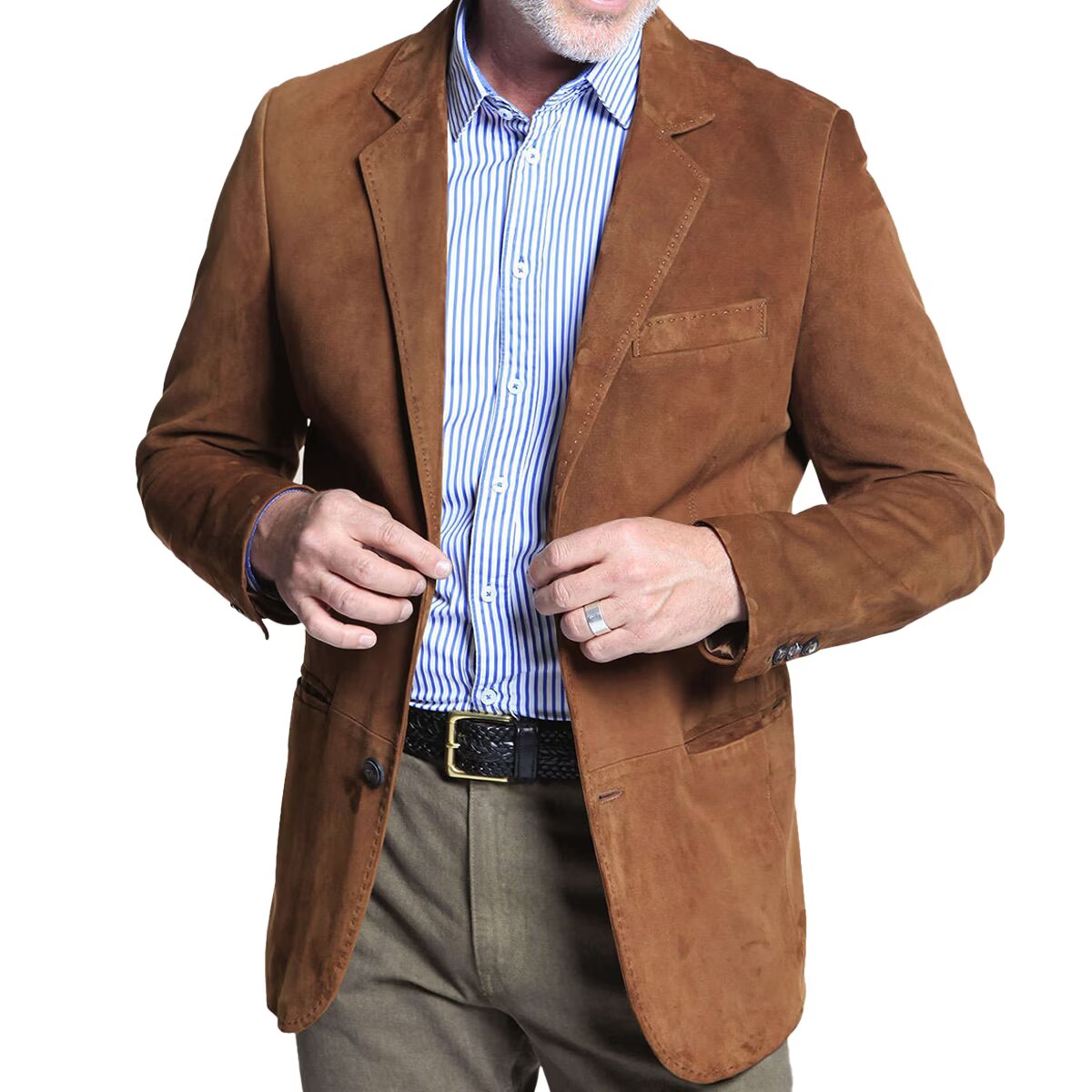 Front view of men's suede blazer in brown